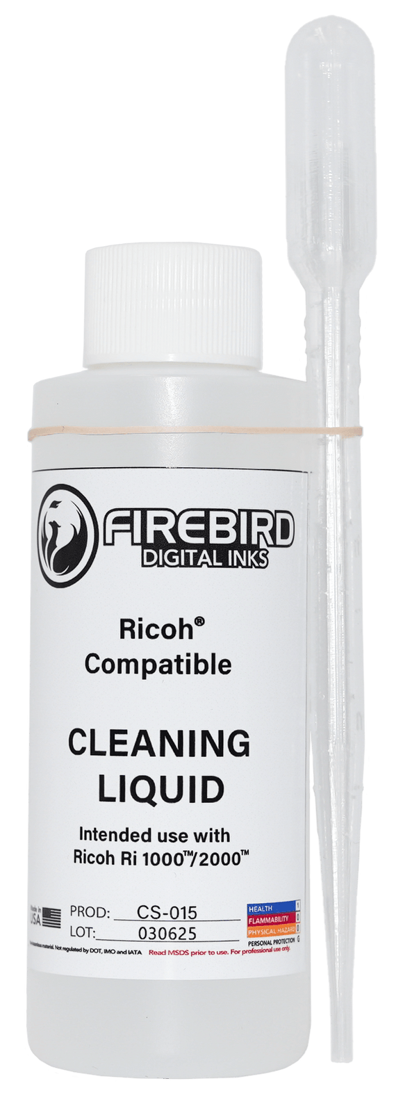 FIREBIRD Ricoh Compatible Cleaning Liquid for Ri 1000 and Ri 2000, with included pipette.